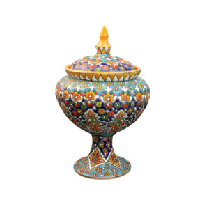 قندان سفالی درب‌دار ایرانی – میناکاری طرح بته‌جقه گلدار