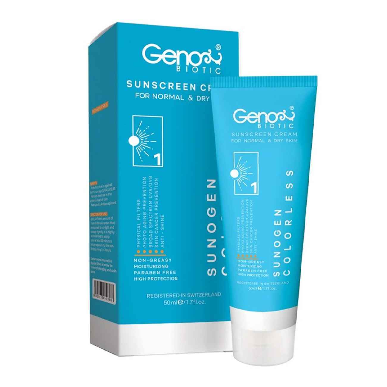 کرم ضد آفتاب مخصوص پوست خشک و معمولی – بدون رنگ – Geno Biotic SPF50، 50 میلی لیتر (بسته 2 عددی)