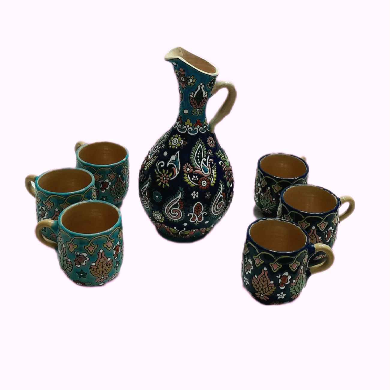 سرویس پارچ و لیوان سفالی میناکاری – 7 تکه با طرح گل