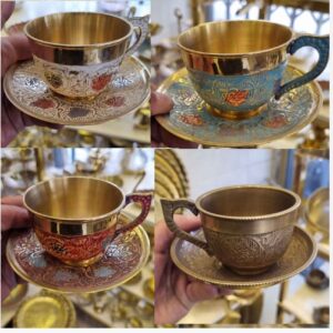 سرویس فنجان و نعلبکی برنجی طرح میناکاری (6 عددی)