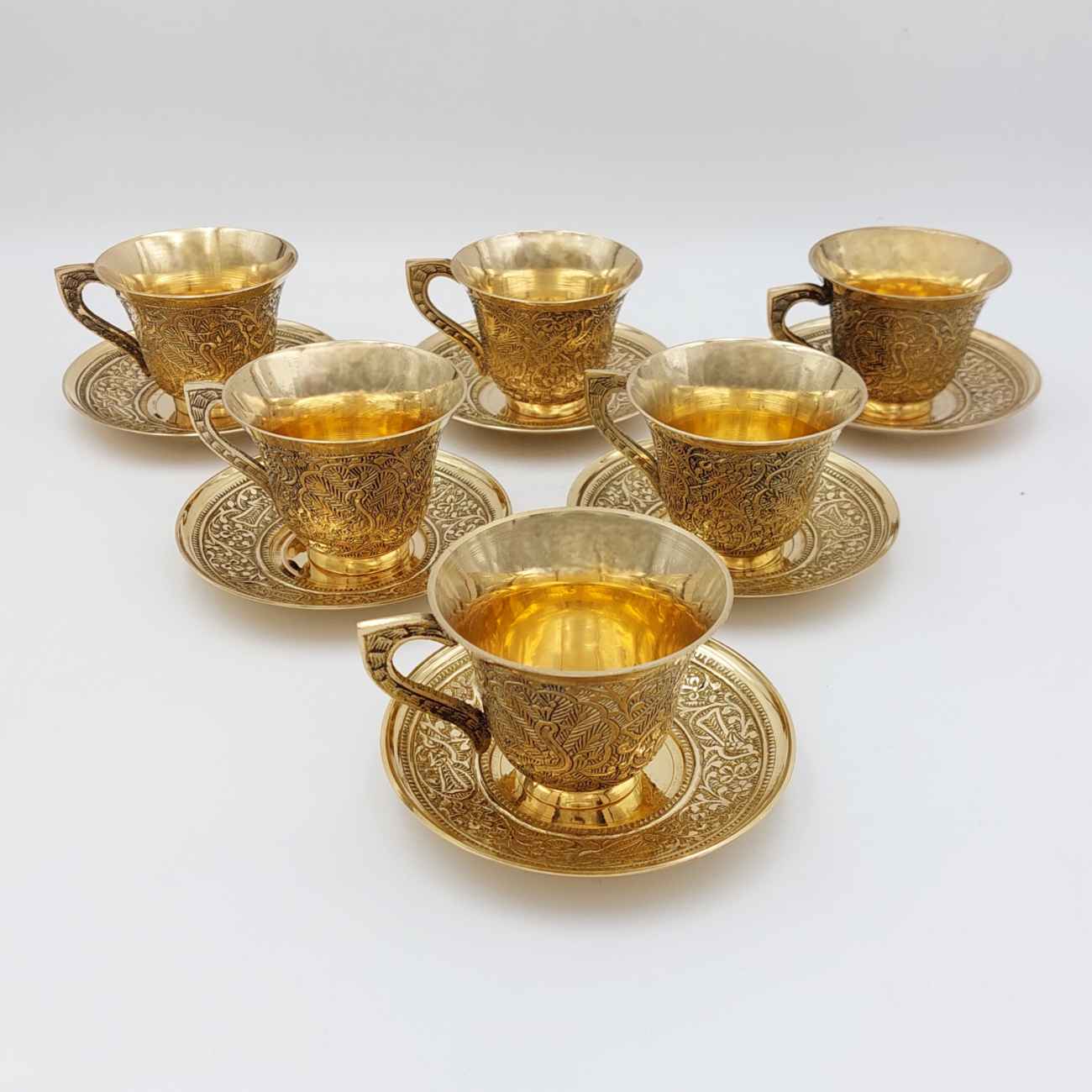 سرویس فنجان و نعلبکی برنجی ایرانی طرح طاووس طلایی (X6)