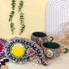 فنجان چایخوری سفال میناکاری دست‌ساز ایرانی با نعلبکی ترمه (طرح میناکاری)