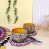 فنجان چایخوری سفال میناکاری دست‌ساز ایرانی با نعلبکی ترمه (طرح میناکاری)