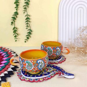 فنجان چایخوری سفال میناکاری دست‌ساز ایرانی با نعلبکی ترمه (طرح میناکاری)