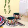 فنجان چایخوری سفال میناکاری دست‌ساز ایرانی با نعلبکی ترمه (طرح میناکاری)