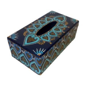 جعبه دستمال کاغذی چوبی به رنگ آبی با طرح گل و قلب