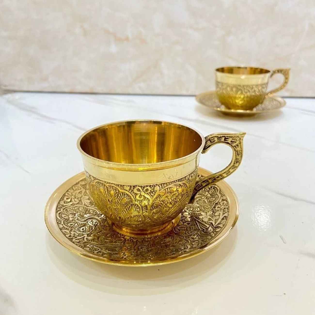 سرویس فنجان و نعلبکی برنجی طرح طاووس با کیفیت عالی ایرانی (6 عدد)