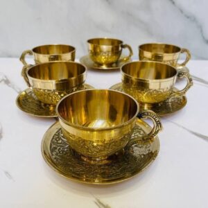 سرویس فنجان و نعلبکی برنجی طرح طاووس با کیفیت عالی ایرانی (6 عدد)