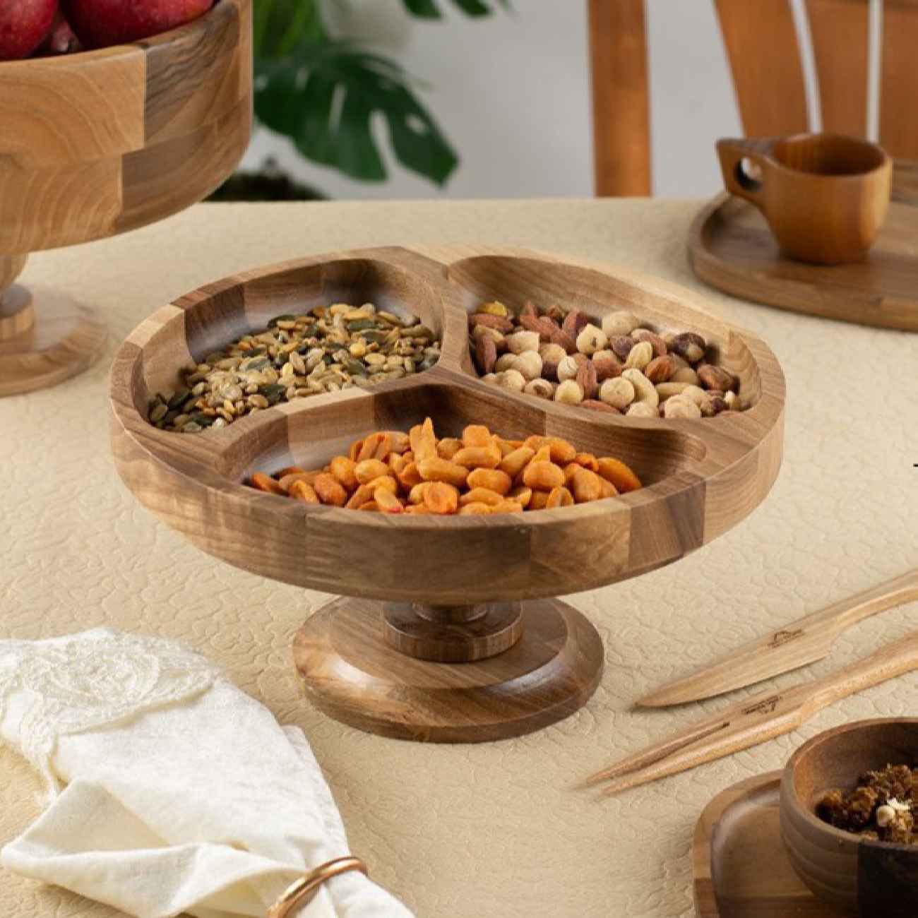 کاسه سرو پایه چوبی روستیک با جداکننده