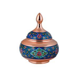 قندان مسی درب‌دار دست‌ساز ایرانی – میناکاری