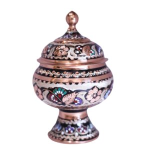 قندان مسی دست ساز ایرانی با درب، طرح کوزه ای شکل – میناکاری