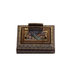 طرح قهوه‌ای پررنگ – جاکارتی و خودکاری خاتم‌کاری طرح پرنده و گل