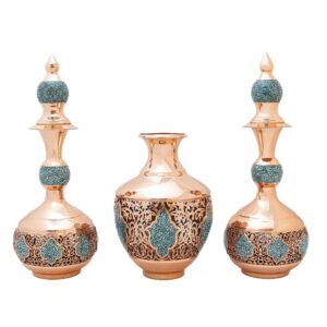 سرویس بطری و گلدان مسی تزئینی ایرانی با طرح فیروزه کوبی