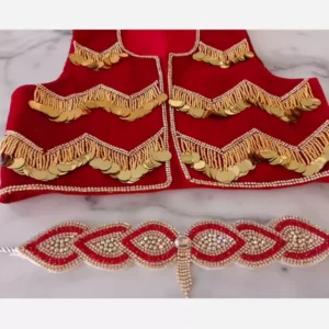 جلیقه سنتی قرمز و طلایی به سبک کردی با کمربند طراحی شده با تزئینات پیچیده