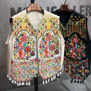 جلیقه گلدوزی شده با طرح گل و پرنده زنانه
