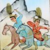 تابلوی برنجی قلمزنی شده با طرح پرنده و گل در قاب خاتم کاری