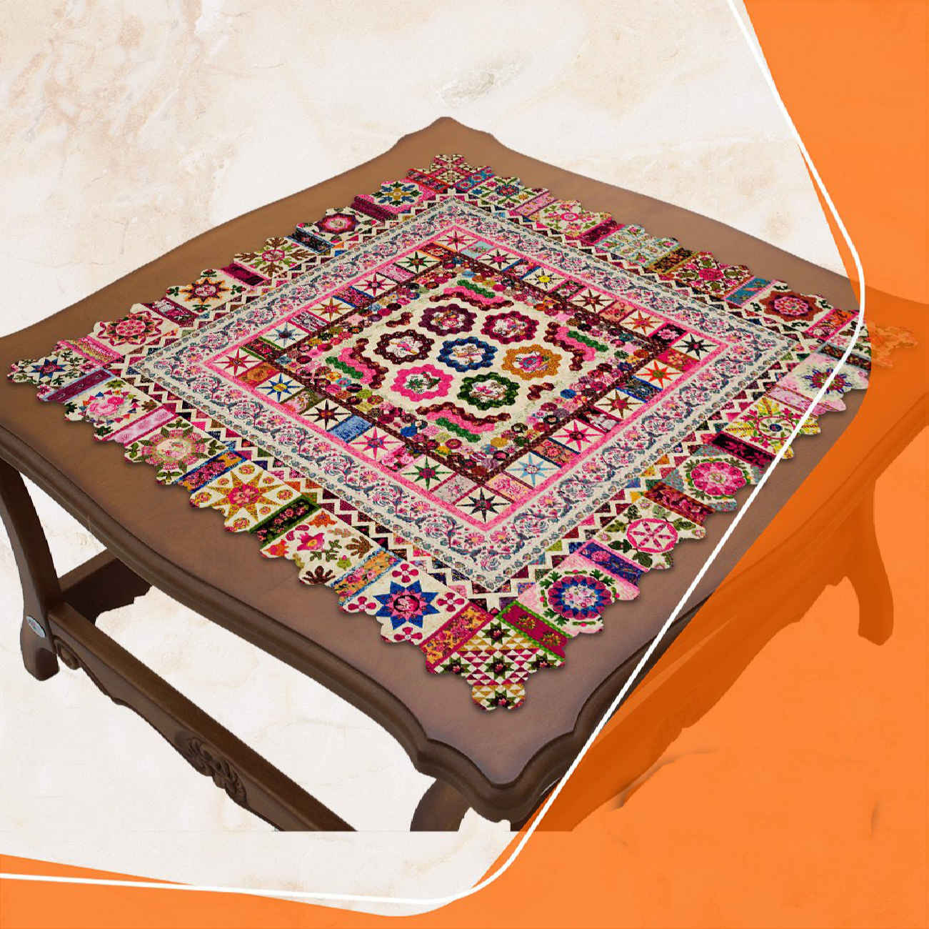 رومیزی مخمل ایرانی مزین با نقوش هندسی پیچیده