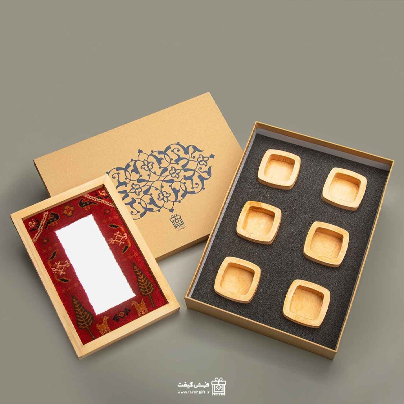 هفت سین چوبی طرح سنت جاودان با قاب آینه و فرش، مجموعه 7 عددی