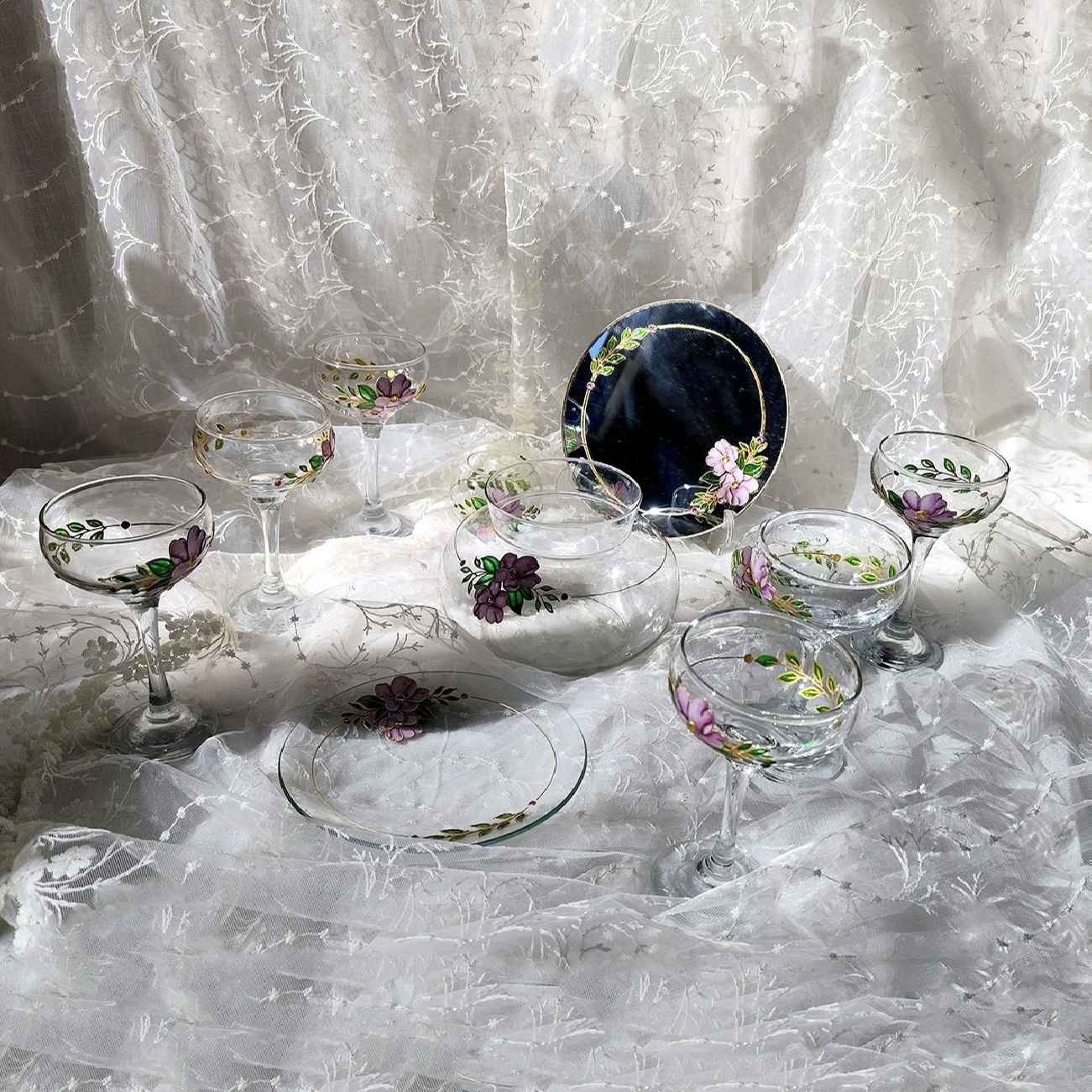 ظروف هفت سین ویتریل با طرح گل مناسب برای عید نوروز، سرویس 11 عددی مونا
