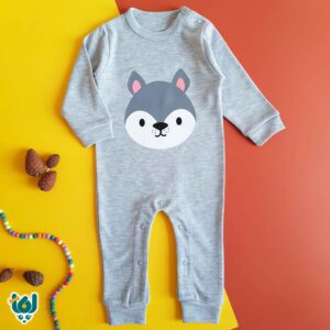سرهمی آستین بلند نوزادی مدل Wolfie Cuteness Soft Grey Romper