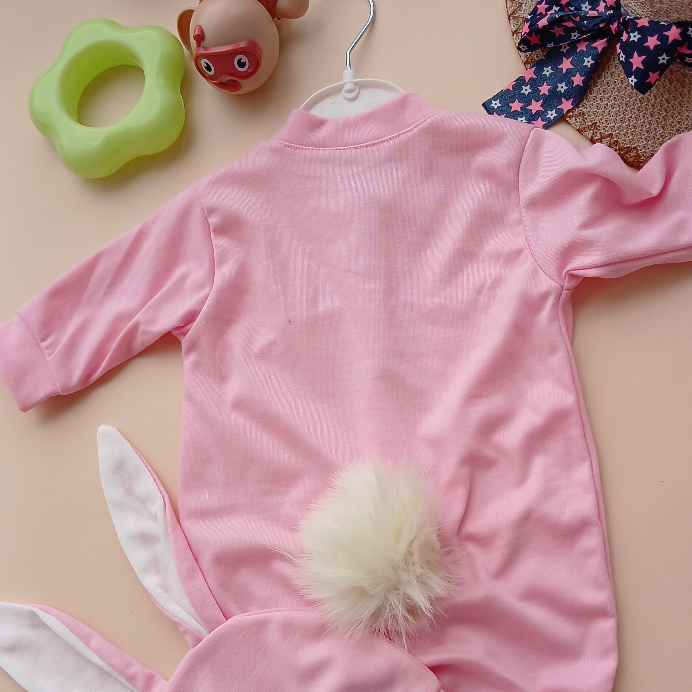 ست سرهمی و کلاه نوزادی آستین بلند با طرح خرگوش