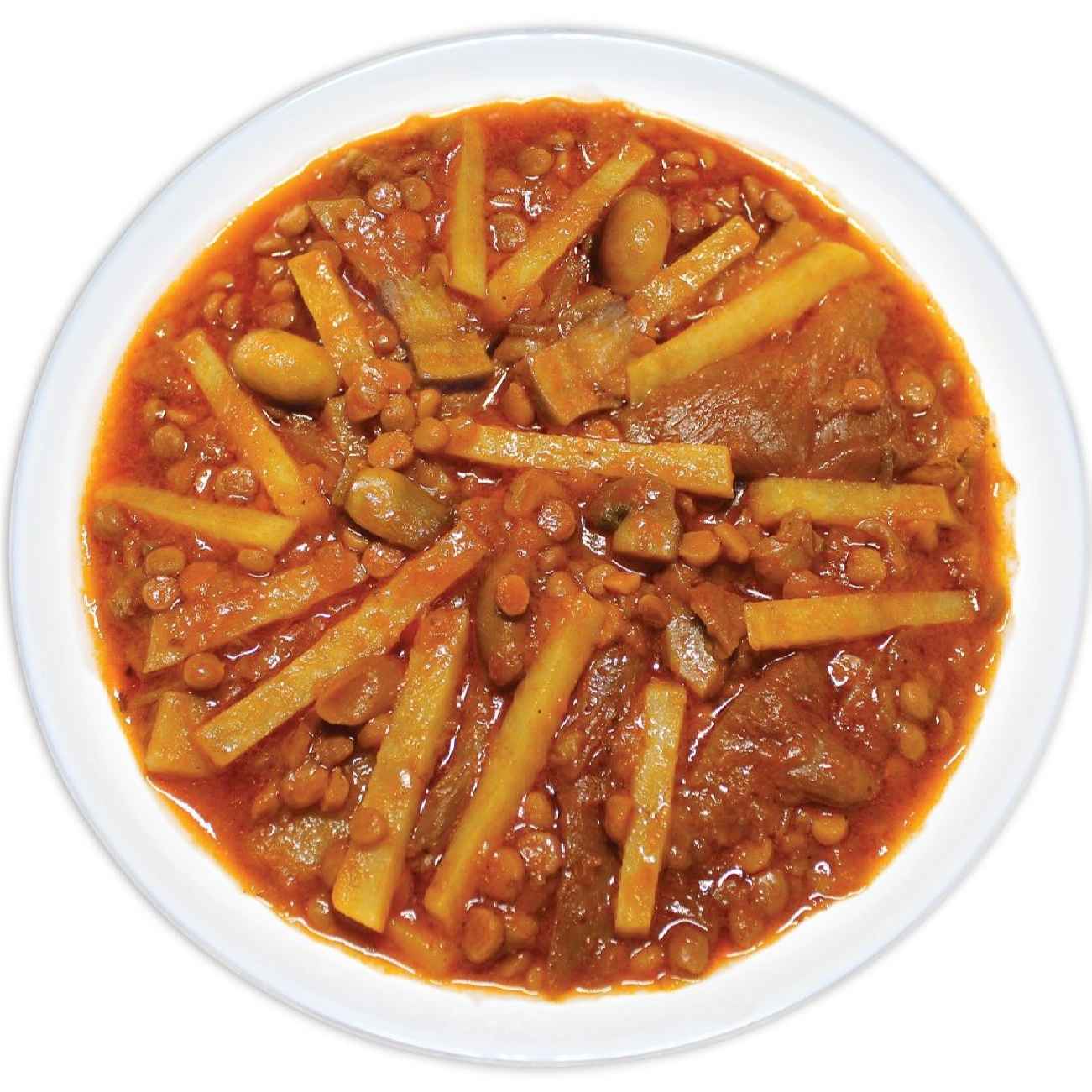 کنسرو قیمه بادمجان – بادمجان، لپه، قارچ، سیب زمینی سرخ کرده ۴۷۵ گرم (۸ عدد)