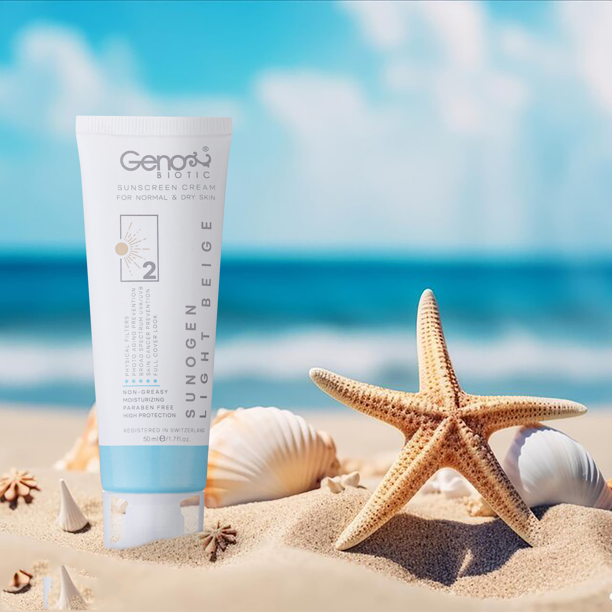 کرم ضد آفتاب رنگی Geno Biotic مناسب برای پوست‌های معمولی تا خشک – رنگ بژ روشن، SPF50 (بسته 2 عددی)