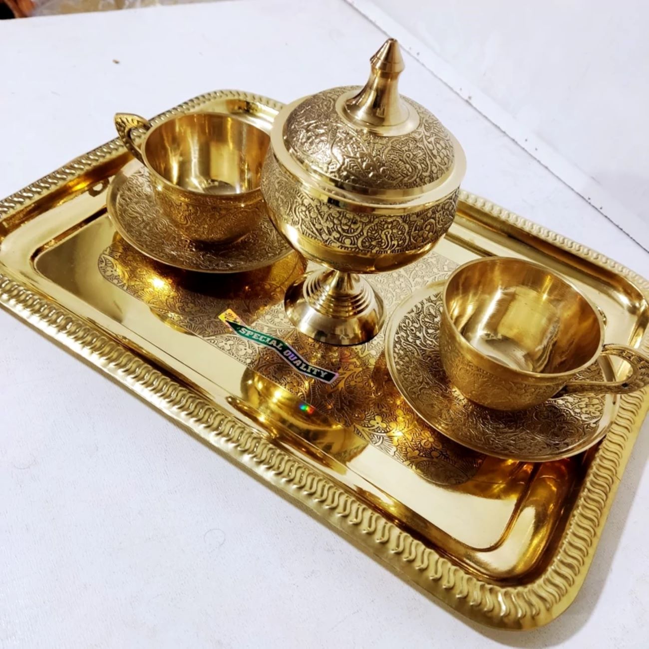 سرویس چایخوری برنجی قدیمی – طراحی پیچیده برای دوستداران چای کلاسیک، مناسب برای دو نفر