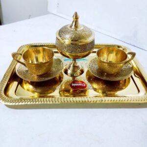سرویس چایخوری برنجی قدیمی – طراحی پیچیده برای دوستداران چای کلاسیک، مناسب برای دو نفر