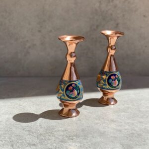 گلدان مسی و میناکاری طرح گل و مرغ، سایز 16 (2 عدد)