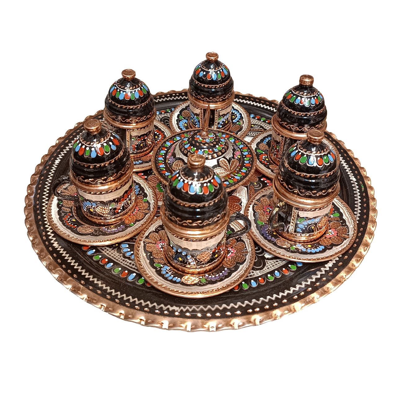 سرویس سماور ۱۶ پارچه مس زغالی طرح میناکاری