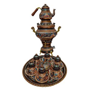 سرویس سماور ۱۶ پارچه مس زغالی طرح میناکاری