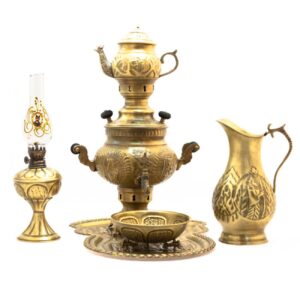 سرویس سماور زغالی برنجی ۶ پارچه، قلمکاری