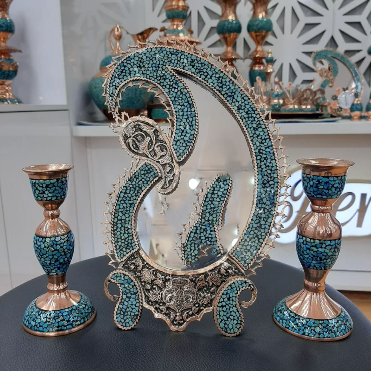 سرویس آینه و شمعدان فیروزه کوبی سایز متوسط – برند پارانسا
