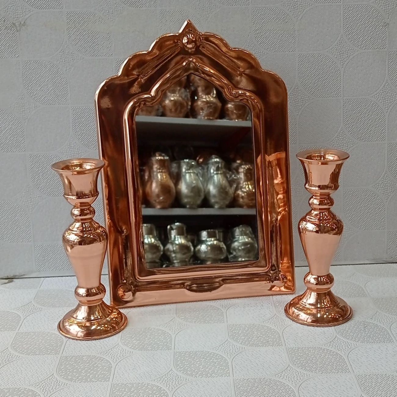 مجموعه آینه و جاشمعی مسی با روکش نانو